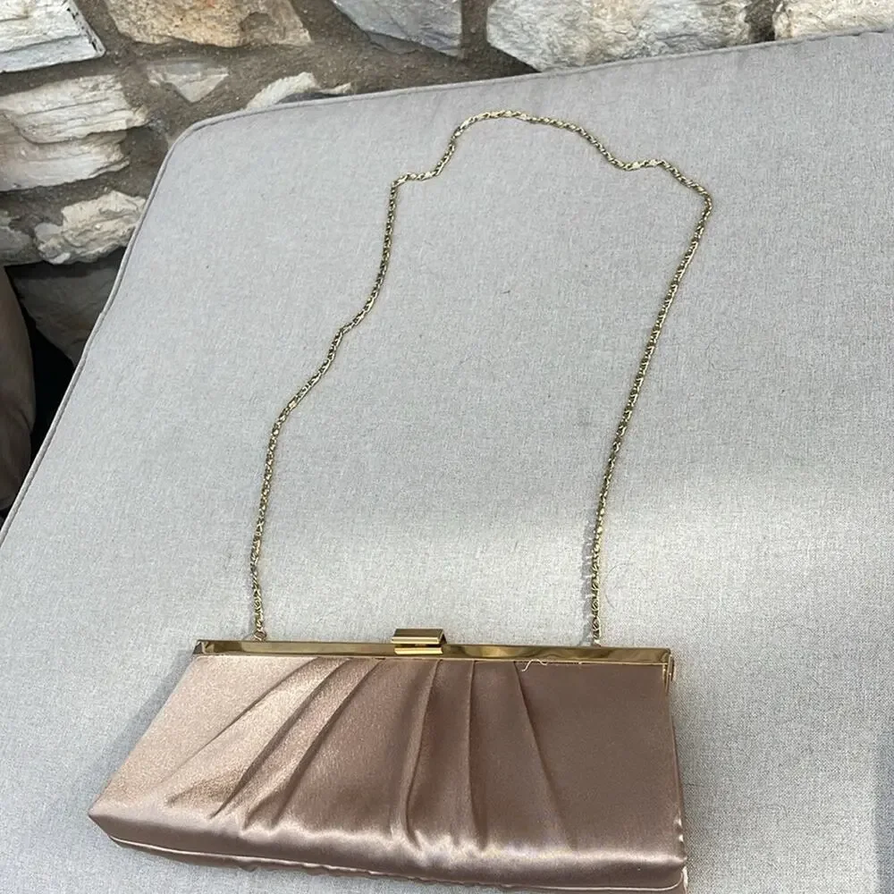 Jessica McClintock gold satin clutch purse with Gold Chain 10x4